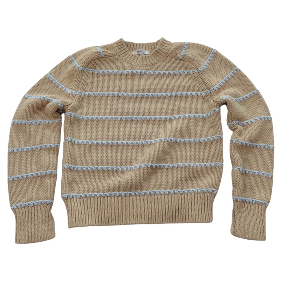 Madewell Tan Blue Stripe Knit Sweater Small Cotton Crewneck Staple